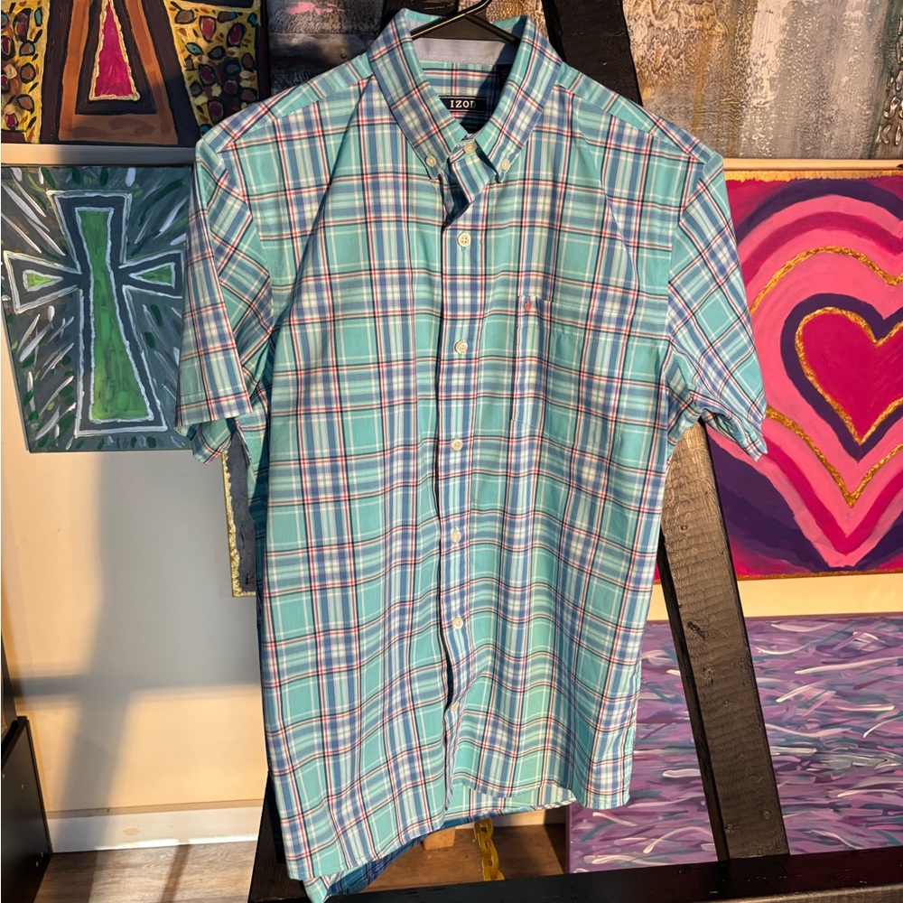 Izod Men's Small Turquoise and Pink Plaid button down short sleeve Casual Shirt